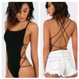 4/$20 Shein Strappy Open Back Body Suit Black‎ Jersey Knit